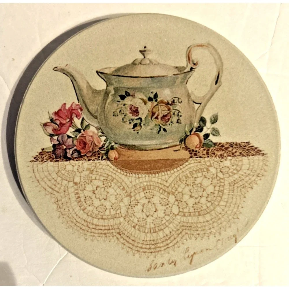 Coaster Stone Set of 4 Round Coasters Teapot Pattern‎ Vtg Cottagecore retro